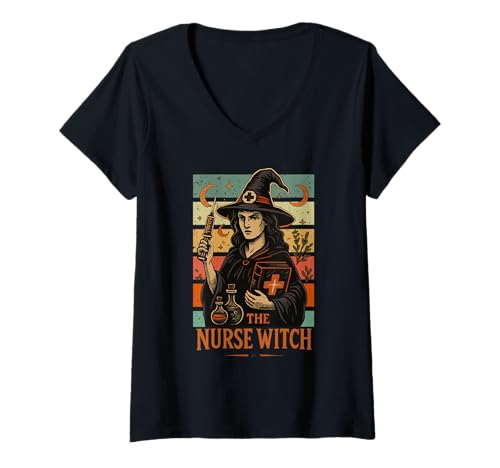Damen Die Ammenhexe im Retro-Fantasy-Stil, medizinisches Design T-Shirt mit V-Ausschnitt Damen Die Ammenhexe im Retro-Fantasy-Stil, medizinisches Design T-Shirt mit V-Ausschnitt von Halloween Professions & Careers by NLTS