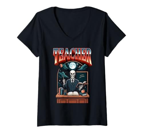 Damen The Teacher Skelett Gothic Halloween Design T-Shirt mit V-Ausschnitt Damen The Teacher Skelett Gothic Halloween Design T-Shirt mit V-Ausschnitt von Halloween Professions & Careers by NLTS