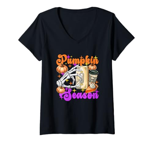 Damen Pumpkin Season Skelett Kaffeekuchen T-Shirt mit V-Ausschnitt Damen Pumpkin Season Skelett Kaffeekuchen T-Shirt mit V-Ausschnitt von Halloween Pumpkin Autumn Vibes