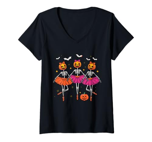Damen Halloween Ballerina Skelette mit Kürbissen und Fledermäusen Mädchen T-Shirt mit V-Ausschnitt Damen Halloween Ballerina Skelette mit Kürbissen und Fledermäusen Mädchen T-Shirt mit V-Ausschnitt von Halloween Pumpkin Ballerina Skeleton Dance Party