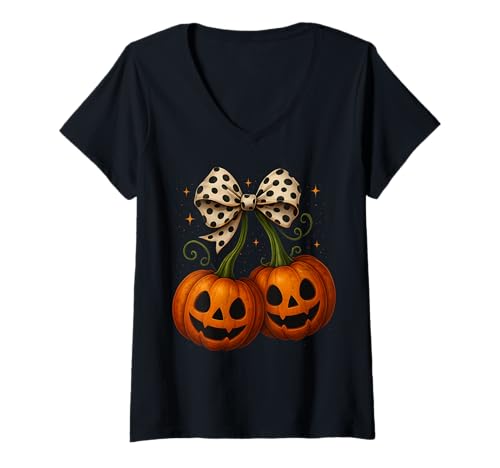 Damen Halloween Kürbis Kirschen Herbst Mädchen Gruselige Jahreszeit T-Shirt mit V-Ausschnitt von Halloween Pumpkin Cherry Shirt