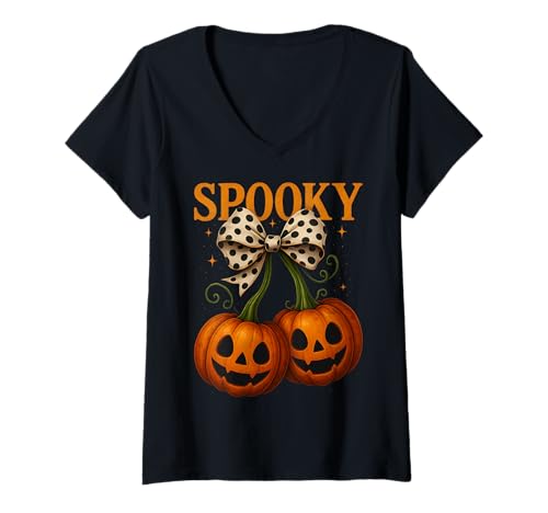 Damen Halloween Kürbis Kirschen Herbst Mädchen Gruselige Jahreszeit T-Shirt mit V-Ausschnitt Damen Halloween Kürbis Kirschen Herbst Mädchen Gruselige Jahreszeit T-Shirt mit V-Ausschnitt von Halloween Pumpkin Cherry Shirt