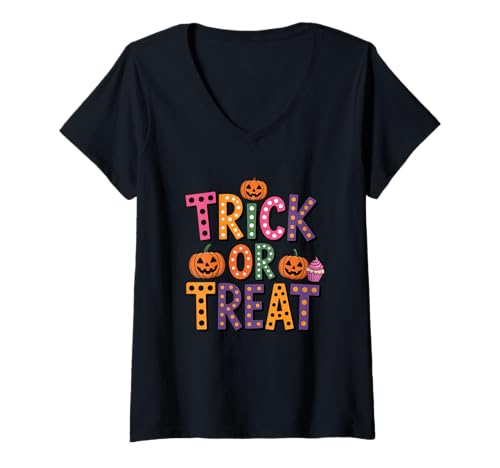 Damen Trick Or Treat Halloween Kürbisse Cupcake T-Shirt mit V-Ausschnitt Damen Trick Or Treat Halloween Kürbisse Cupcake T-Shirt mit V-Ausschnitt von Halloween Pumpkin Cupcake Fun Vibes