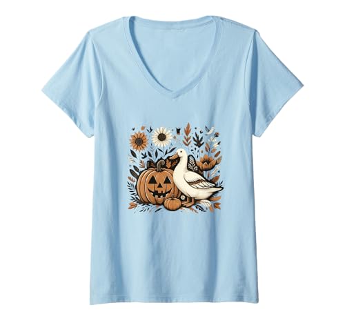 Damen Kürbis und Ente mit Herbstblumen T-Shirt mit V-Ausschnitt Damen Kürbis und Ente mit Herbstblumen T-Shirt mit V-Ausschnitt von Halloween Pumpkin Duck Autumn Nature Art