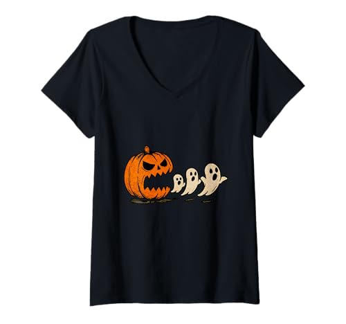 Damen Lustiger Halloween-Kürbis isst Geister Boo Männer Frauen Kinder T-Shirt mit V-Ausschnitt Damen Lustiger Halloween-Kürbis isst Geister Boo Männer Frauen Kinder T-Shirt mit V-Ausschnitt von Halloween Pumpkin Eating Ghosts Funny