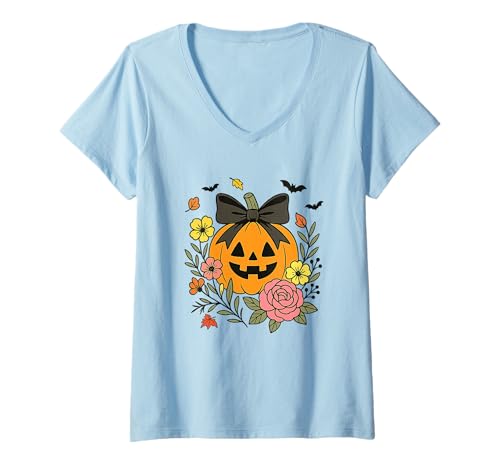 Damen Charmanter Kürbis mit floralem Design Akzent Freude T-Shirt mit V-Ausschnitt Damen Charmanter Kürbis mit floralem Design Akzent Freude T-Shirt mit V-Ausschnitt von Halloween Pumpkin Floral Arrangement Beauty