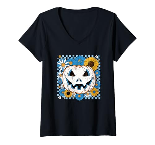 Damen Gruseliger Kürbis umgeben von Sonnenblumen und Gänseblümchen T-Shirt mit V-Ausschnitt Damen Gruseliger Kürbis umgeben von Sonnenblumen und Gänseblümchen T-Shirt mit V-Ausschnitt von Halloween Pumpkin Floral Pattern Seasonal