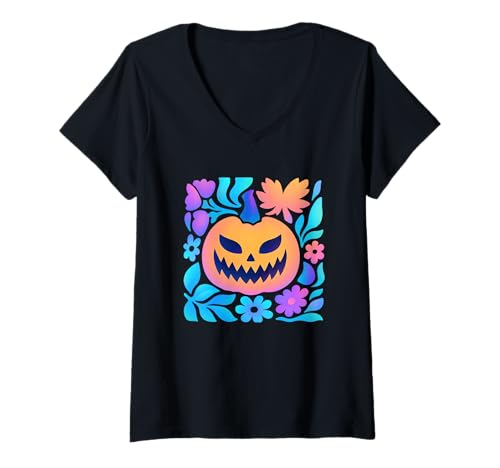 Damen Gruseliger Kürbis mit bunten floralen Vibes T-Shirt mit V-Ausschnitt Damen Gruseliger Kürbis mit bunten floralen Vibes T-Shirt mit V-Ausschnitt von Halloween Pumpkin Floral Patterns Nature