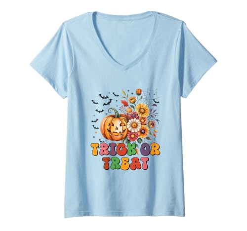 Damen Süßes oder Saures Kürbis mit floralen Akzenten T-Shirt mit V-Ausschnitt Damen Süßes oder Saures Kürbis mit floralen Akzenten T-Shirt mit V-Ausschnitt von Halloween Pumpkin Flowers Spooky Bats Fall