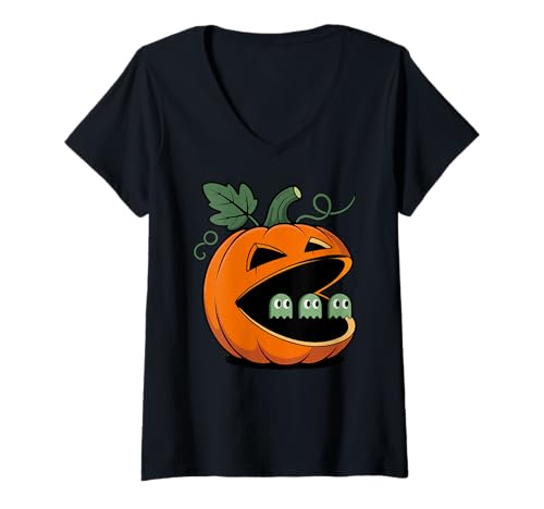 Damen Halloween Kürbis Gaming Design T-Shirt mit V-Ausschnitt Damen Halloween Kürbis Gaming Design T-Shirt mit V-Ausschnitt von Halloween Pumpkin Gaming Funny Gamer Humor