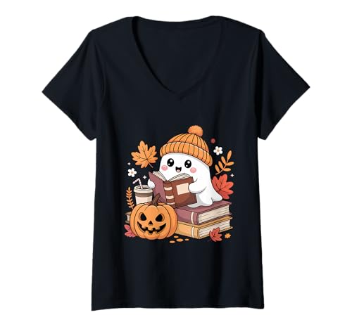 Damen Geisterlesebuch Kürbis Halloween T-Shirt mit V-Ausschnitt von Halloween Pumpkin Ghost