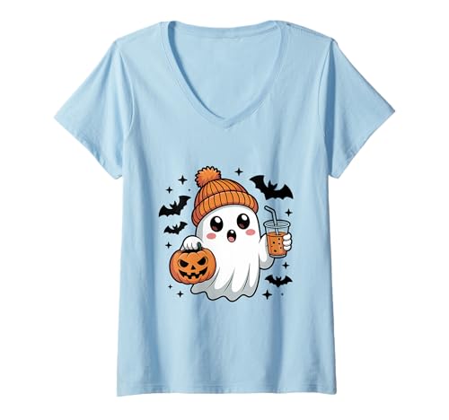 Damen Ghost Coffee Halloween T-Shirt mit V-Ausschnitt Damen Ghost Coffee Halloween T-Shirt mit V-Ausschnitt von Halloween Pumpkin Ghost