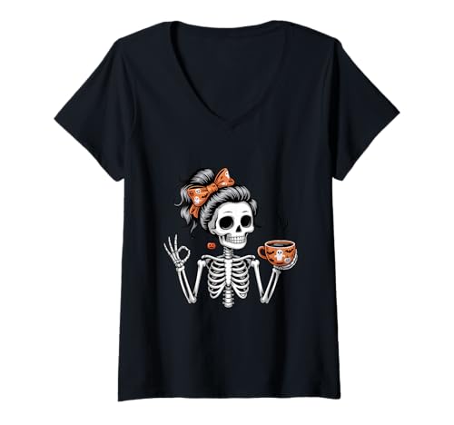 Damen Skelett Kaffee Halloween T-Shirt mit V-Ausschnitt Damen Skelett Kaffee Halloween T-Shirt mit V-Ausschnitt von Halloween Pumpkin Ghost