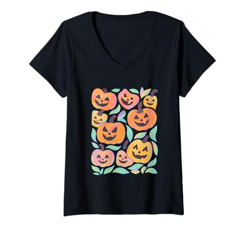 Damen Jack O Lantern Lächelnde Kürbisse Halloween T-Shirt mit V-Ausschnitt Damen Jack O Lantern Lächelnde Kürbisse Halloween T-Shirt mit V-Ausschnitt von Halloween Pumpkin Jack O Lantern Patterns