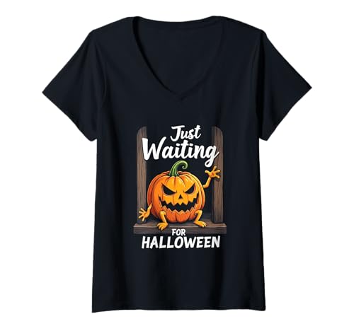 Damen Just Waiting for Halloween Pumpkin Art T-Shirt mit V-Ausschnitt Damen Just Waiting for Halloween Pumpkin Art T-Shirt mit V-Ausschnitt von Halloween Pumpkin Party Designs