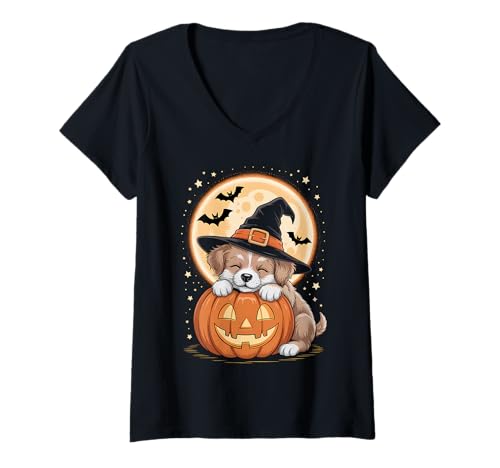 Damen Halloween Welpe Hund Hexenhut Kürbis Gruselig T-Shirt mit V-Ausschnitt von Halloween Puppys Pumpkins Bats Tees