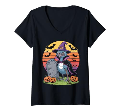 Damen Halloween Hexenrabe Mit Kürbissen T-Shirt mit V-Ausschnitt Damen Halloween Hexenrabe Mit Kürbissen T-Shirt mit V-Ausschnitt von Halloween Rabe Hexe Kürbis