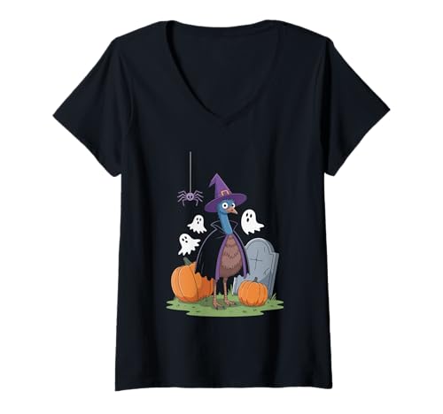 Damen Halloween Hexenrabe Mit Kürbissen T-Shirt mit V-Ausschnitt Damen Halloween Hexenrabe Mit Kürbissen T-Shirt mit V-Ausschnitt von Halloween Rabe Hexe Kürbis