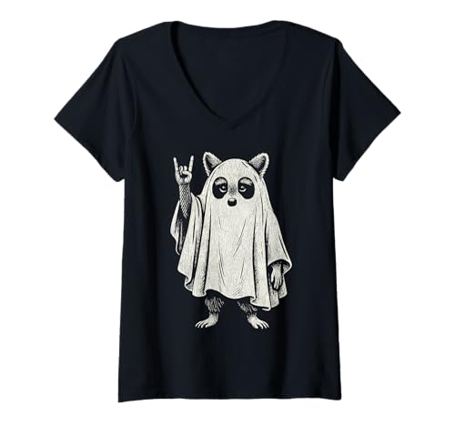 Damen Vintage Waschbär Ghost Rock Halloween Musikliebhaber Lustig Retro T-Shirt mit V-Ausschnitt Damen Vintage Waschbär Ghost Rock Halloween Musikliebhaber Lustig Retro T-Shirt mit V-Ausschnitt von Halloween Raccoon Ghost Rock Music Funny Vintage