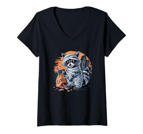 Damen Süßigkeiten-Waschbär-Mumien-Halloween-Nacht-Szene T-Shirt mit V-Ausschnitt Damen Süßigkeiten-Waschbär-Mumien-Halloween-Nacht-Szene T-Shirt mit V-Ausschnitt von Halloween Raccoon Mummy Trick Or Treat Fun