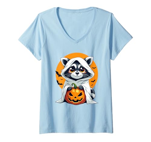 Damen Süßer Waschbär im bezaubernden Geisterkostüm mit Kürbis T-Shirt mit V-Ausschnitt Damen Süßer Waschbär im bezaubernden Geisterkostüm mit Kürbis T-Shirt mit V-Ausschnitt von Halloween Raccoon Pumpkin Cute Kawaii Fans