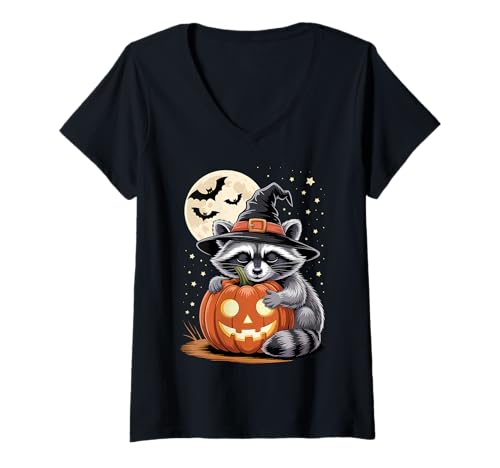 Damen Halloween Waschbär Hexenhut Kürbis Gruselig T-Shirt mit V-Ausschnitt Damen Halloween Waschbär Hexenhut Kürbis Gruselig T-Shirt mit V-Ausschnitt von Halloween Raccoon Pumpkins Bats Costumes Tee