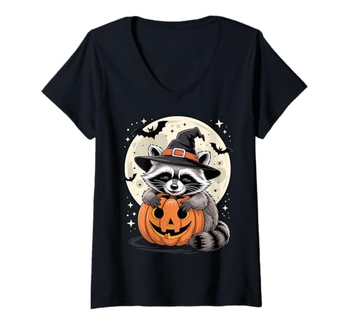 Damen Halloween Waschbär Hexenhut Kürbis Gruselig T-Shirt mit V-Ausschnitt Damen Halloween Waschbär Hexenhut Kürbis Gruselig T-Shirt mit V-Ausschnitt von Halloween Raccoon Pumpkins Bats Costumes