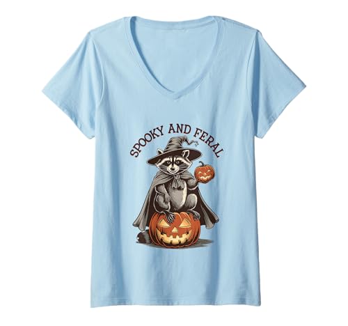 Damen Gruseliger und Wilder Waschbär Halloween Magic T-Shirt mit V-Ausschnitt Damen Gruseliger und Wilder Waschbär Halloween Magic T-Shirt mit V-Ausschnitt von Halloween Raccoon Vibes Enchantment