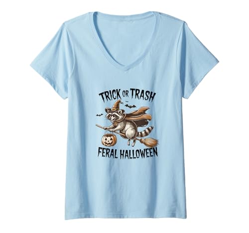 Damen Trick Or Treat Waschbär Besen Magic T-Shirt mit V-Ausschnitt Damen Trick Or Treat Waschbär Besen Magic T-Shirt mit V-Ausschnitt von Halloween Raccoon Witch Flying Broomstick