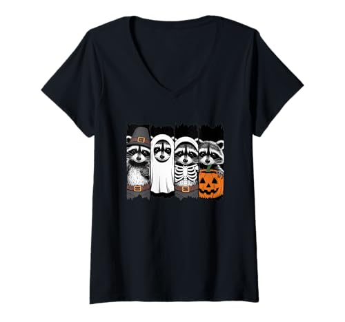Damen Halloween Waschbär Hexe Geist Skelett Kürbis T-Shirt mit V-Ausschnitt Damen Halloween Waschbär Hexe Geist Skelett Kürbis T-Shirt mit V-Ausschnitt von Halloween Raccoon Witch Ghost Skeleton Pumpkin