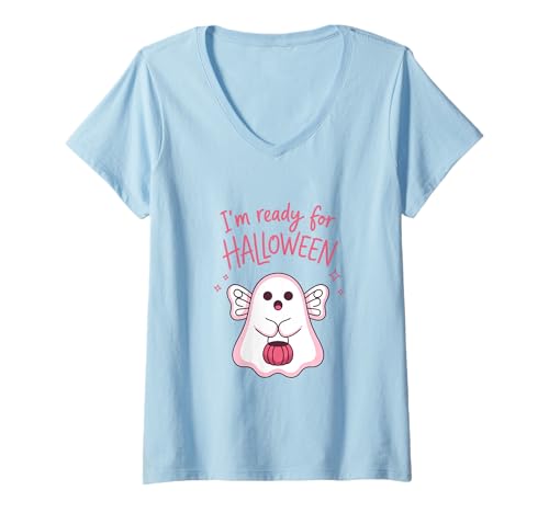 Damen Halloween Ready Shirt Ghost Wings Kürbis Süßigkeiten Eimer T-Shirt mit V-Ausschnitt Damen Halloween Ready Shirt Ghost Wings Kürbis Süßigkeiten Eimer T-Shirt mit V-Ausschnitt von Halloween Ready Tee Shirts for Cute Tricksters