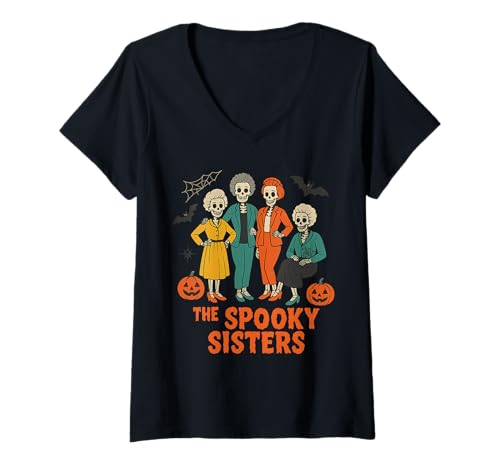 Damen The Spooky Sisters – Funny Skeleton Halloween Design T-Shirt mit V-Ausschnitt von Halloween Retro Mode