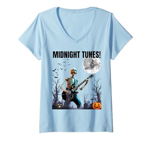 Damen Skull Rocker spielt E-Gitarre Heavy Rock Stylevers T-Shirt mit V-Ausschnitt Damen Skull Rocker spielt E-Gitarre Heavy Rock Stylevers T-Shirt mit V-Ausschnitt von Halloween Rocking Skeleton Guitar Player Vibes
