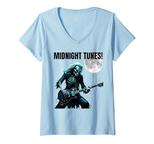 Damen Skull Rocker spielt E-Gitarre Heavy Rock Stylevers T-Shirt mit V-Ausschnitt Damen Skull Rocker spielt E-Gitarre Heavy Rock Stylevers T-Shirt mit V-Ausschnitt von Halloween Rocking Skeleton Guitar Player Vibes