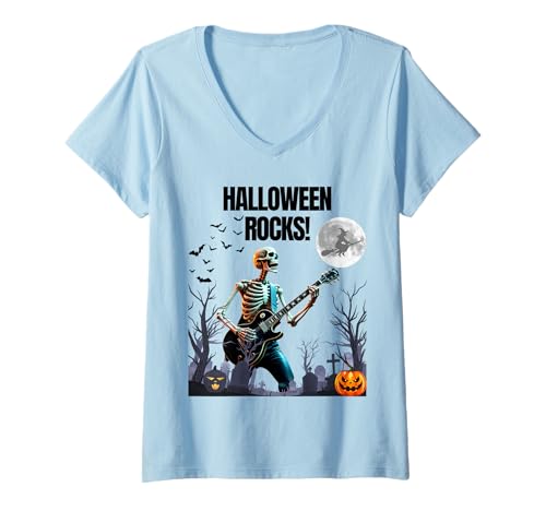 Damen Skull Rocker spielt E-Gitarre Heavy Rock Stylevers T-Shirt mit V-Ausschnitt Damen Skull Rocker spielt E-Gitarre Heavy Rock Stylevers T-Shirt mit V-Ausschnitt von Halloween Rocking Skeleton Guitar Player Vibes