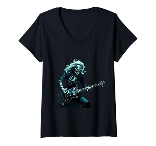 Damen Skull Rocker spielt E-Gitarre Heavy Rock Stylevers T-Shirt mit V-Ausschnitt Damen Skull Rocker spielt E-Gitarre Heavy Rock Stylevers T-Shirt mit V-Ausschnitt von Halloween Rocking Skeleton Guitar Player Vibes