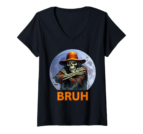 Damen Halloween Gruseliges Bruh Skelett unter dem Vollmond T-Shirt mit V-Ausschnitt Damen Halloween Gruseliges Bruh Skelett unter dem Vollmond T-Shirt mit V-Ausschnitt von Halloween Scary Bruh Skeleton Vibes