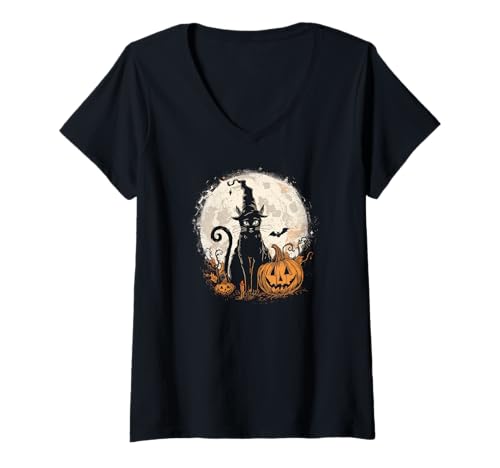 Damen Gürtelte Katze, in einem Hexenhut, geschnitzten Kürbis und T-Shirt mit V-Ausschnitt Damen Gürtelte Katze, in einem Hexenhut, geschnitzten Kürbis und T-Shirt mit V-Ausschnitt von Halloween Scary Cat und Jack O Lantern Scary Szene