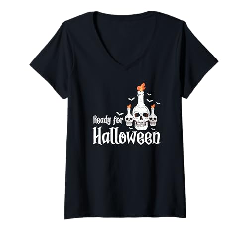 Damen Bereit Für Halloween Schädelkerzen Gruselmotiv T-Shirt mit V-Ausschnitt Damen Bereit Für Halloween Schädelkerzen Gruselmotiv T-Shirt mit V-Ausschnitt von Halloween Schädel Für Horrorfans