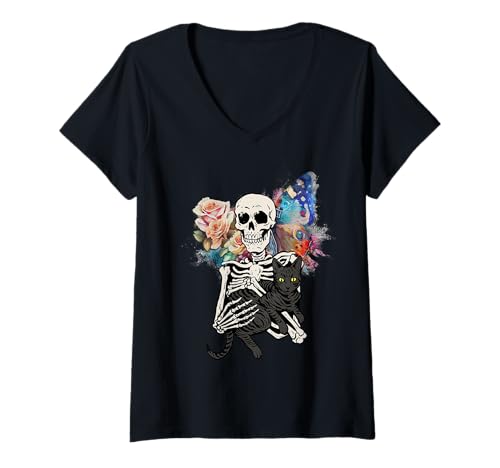 Damen Halloween Katze Katzen Fantasy T-Shirt mit V-Ausschnitt Damen Halloween Katze Katzen Fantasy T-Shirt mit V-Ausschnitt von Halloween Schloss Burg Mittelalter Festung Märchen