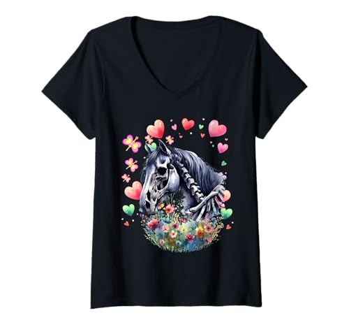Damen Pferd Pferde Halloween T-Shirt mit V-Ausschnitt Damen Pferd Pferde Halloween T-Shirt mit V-Ausschnitt von Halloween Schloss Burg Mittelalter Festung Märchen