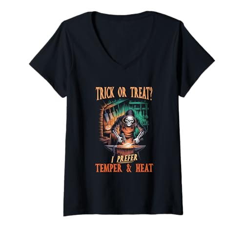 Damen Süßes oder Saures? Ich bevorzuge Temperament und Hitze Hallo T-Shirt mit V-Ausschnitt Damen Süßes oder Saures? Ich bevorzuge Temperament und Hitze Hallo T-Shirt mit V-Ausschnitt von Halloween Schmied Schmiede Metallarbeiter Grafik