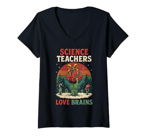Damen Naturwissenschaftslehrer lieben Gehirne, Weihnachts-Zombie-Kunst T-Shirt mit V-Ausschnitt Damen Naturwissenschaftslehrer lieben Gehirne, Weihnachts-Zombie-Kunst T-Shirt mit V-Ausschnitt von Halloween Science Teachers by NLTS