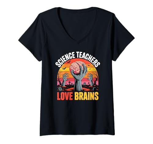 Damen Naturwissenschaftslehrer lieben Gehirne Halloween-Zombie T-Shirt mit V-Ausschnitt Damen Naturwissenschaftslehrer lieben Gehirne Halloween-Zombie T-Shirt mit V-Ausschnitt von Halloween Science Teachers by NLTS