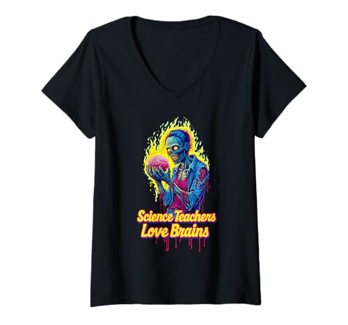 Damen Naturwissenschaftslehrer lieben Gehirne Halloween-Zombie T-Shirt mit V-Ausschnitt Damen Naturwissenschaftslehrer lieben Gehirne Halloween-Zombie T-Shirt mit V-Ausschnitt von Halloween Science Teachers by NLTS