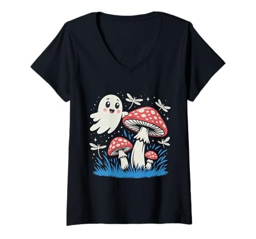 Damen Halloweenshirt Ghost Mushroom Spooky, Cottagecore T-Shirt mit V-Ausschnitt Damen Halloweenshirt Ghost Mushroom Spooky, Cottagecore T-Shirt mit V-Ausschnitt von Halloween Shirt Ghost Mushroom Spooky