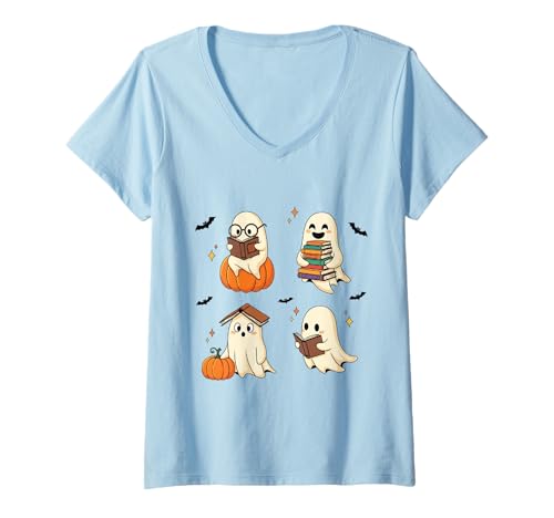 Damen Niedliches Geisterbuch Lesen Halloween Lehrer Lustiges Hallween T-Shirt mit V-Ausschnitt Damen Niedliches Geisterbuch Lesen Halloween Lehrer Lustiges Hallween T-Shirt mit V-Ausschnitt von Halloween Shirts Cute Books Ghost Top for kids Men