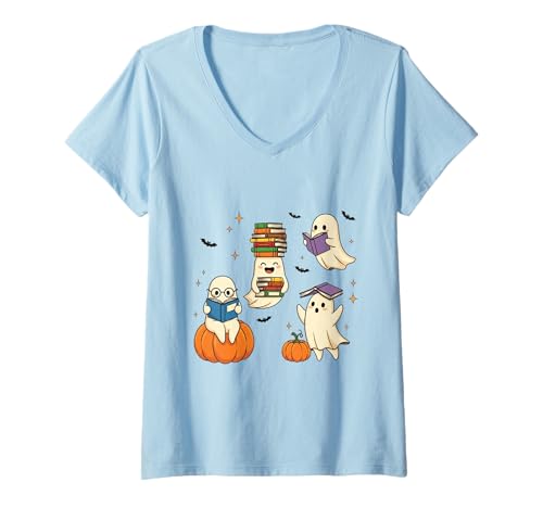Damen Niedliches Geisterbuch Lesen Halloween Lehrer Lustiges Hallween T-Shirt mit V-Ausschnitt Damen Niedliches Geisterbuch Lesen Halloween Lehrer Lustiges Hallween T-Shirt mit V-Ausschnitt von Halloween Shirts Cute Books Ghost Top for kids Men