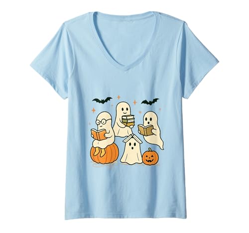 Damen Niedliches Geisterbuch Lesen Halloween Lehrer Lustiges Hallween T-Shirt mit V-Ausschnitt Damen Niedliches Geisterbuch Lesen Halloween Lehrer Lustiges Hallween T-Shirt mit V-Ausschnitt von Halloween Shirts Cute Books Ghost Top for kids Men