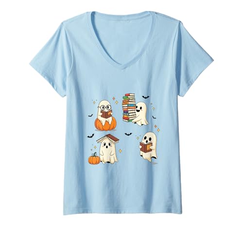 Damen Niedliches Geisterbuch Lesen Halloween Lehrer Lustiges Hallween T-Shirt mit V-Ausschnitt Damen Niedliches Geisterbuch Lesen Halloween Lehrer Lustiges Hallween T-Shirt mit V-Ausschnitt von Halloween Shirts Cute Books Ghost Top for kids Men
